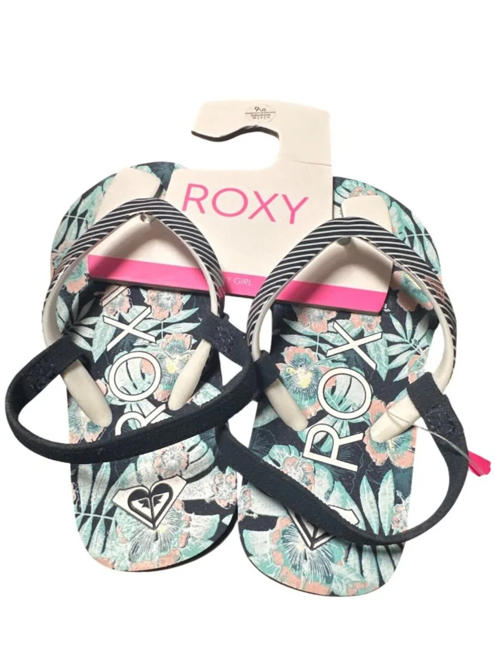 Roxy Size 9 Toddler Green Pink Black Tropical Print Sandals Elastic Beachwear